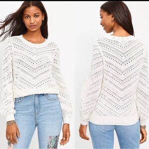 LOFT Bobble Pointelle Sweater Size Medium  Balloon Sleeve Crew Knit Ribbed Ivory